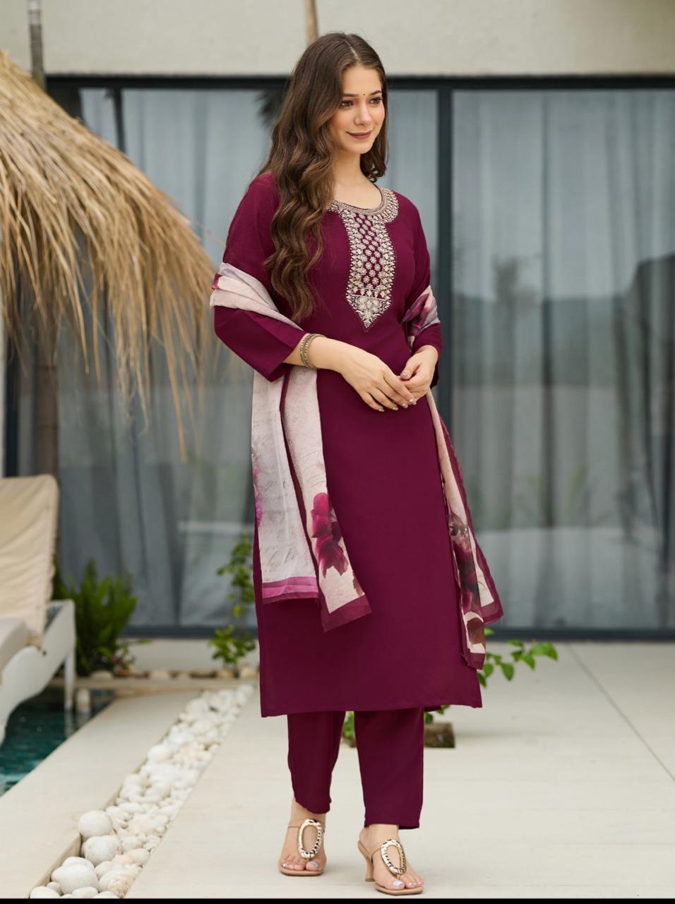 Women's Rayon Embroidered Straight Kurta Set with Pant & Dupatta - 3 Piece Ethnic Wear