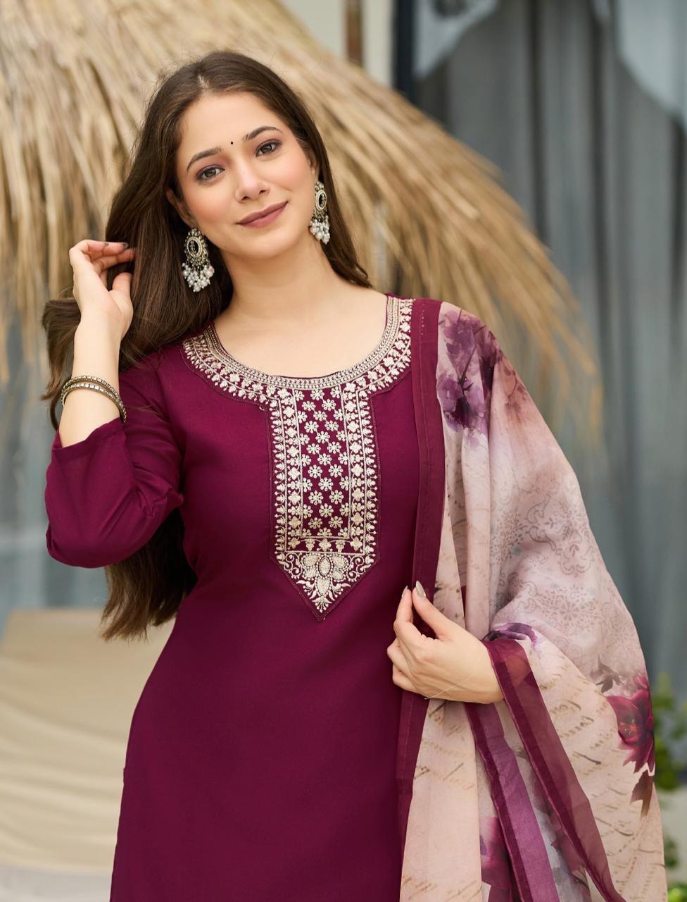 Women's Rayon Embroidered Straight Kurta Set with Pant & Dupatta - 3 Piece Ethnic Wear