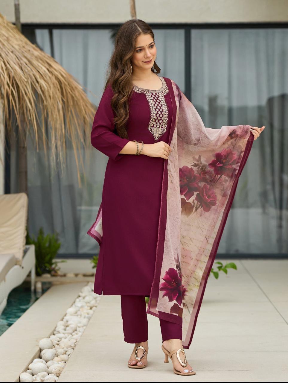 Women's Rayon Embroidered Straight Kurta Set with Pant & Dupatta - 3 Piece Ethnic Wear